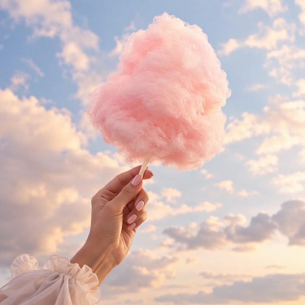 Mão segurando algodão doce rosa contra o céu